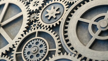 A close-up view of intricate metallic gears and cogs, showcasing their detailed design and mechanical structure.