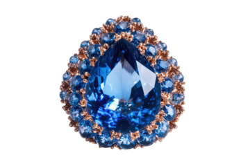 Large teardrop-shaped blue gemstone, intricate gold setting