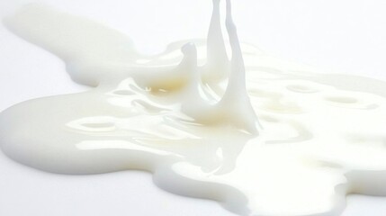 The white liquid is splashing and spreading across a white surface