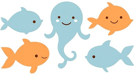 Five cute cartoon fish and an octopus underwater