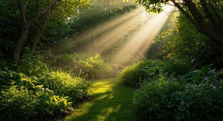 Obraz premium Sunbeams Illuminating a Lush Garden Path: A Serene Morning in Nature