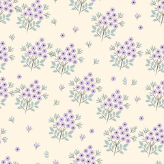 Obraz premium Delicate Purple Floral Seamless Pattern with Leaves Elegant Botanical Design