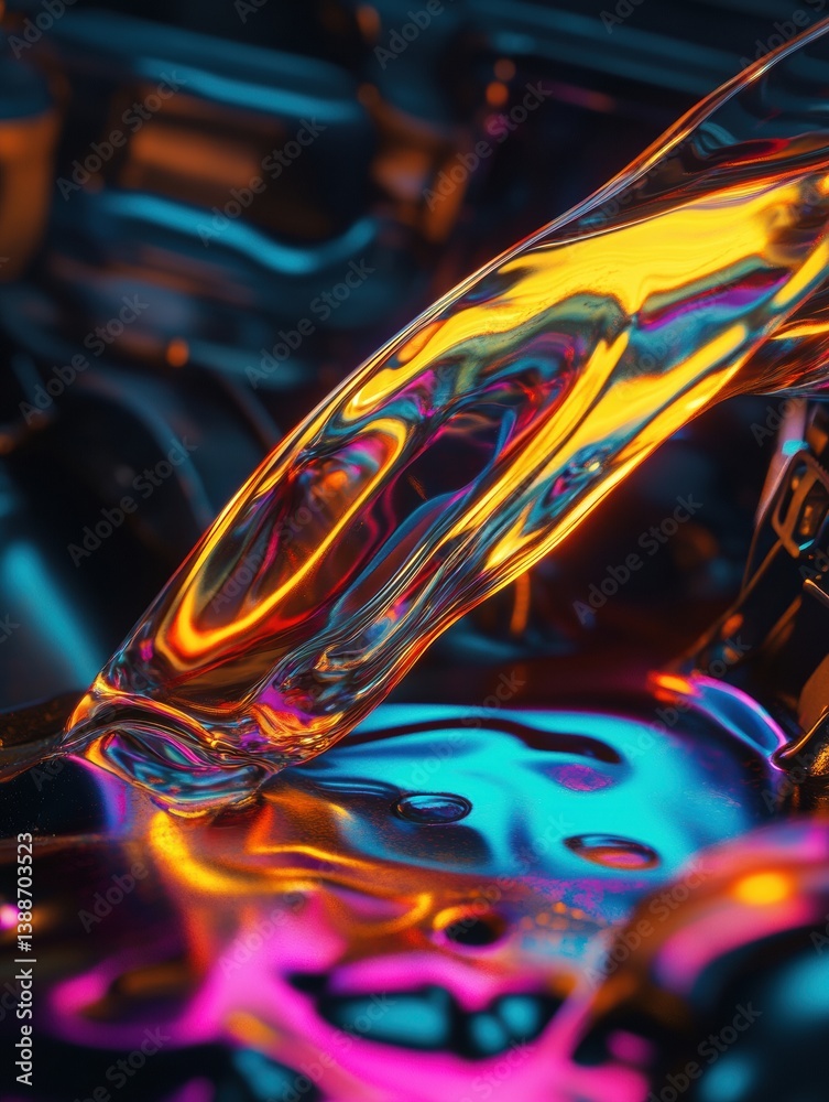 Poster Surreal macro shot of colorful liquid flowing into car engine creates glowing neon patterns