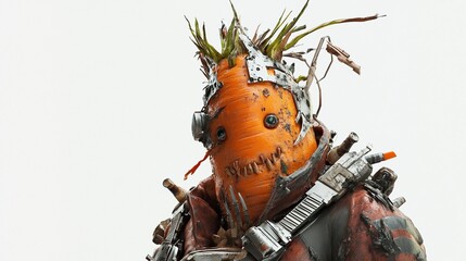 Steampunk carrot character with metal parts and vegetable hair.