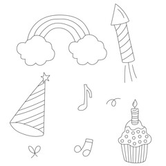 Outlined Birthday Party Clipart: Hand-drawn Birthday Decorations: Cartoon Birthday Doodles