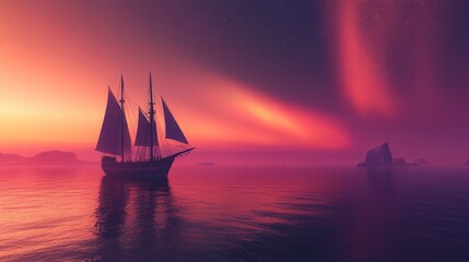 Majestic sailing ship at sunset under aurora borealis.