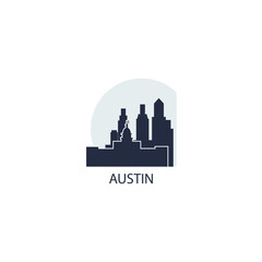 USA Austin cityscape, skyline, city panorama vector flat logo, icon. United States of America, Texas state emblem with landmarks and building silhouette at sunset sunrise