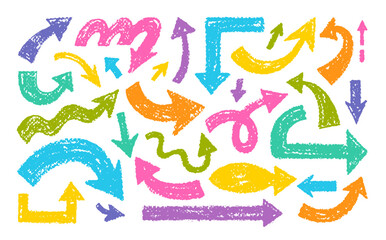 Brush arrow. Color hand drawn crayon thick arrows. Line vector icon. Pencil, marker, chalk, pastel or crayon texture scribble. Up and down bold shape. Thick circle rough bg. Doodle color kid arrow set