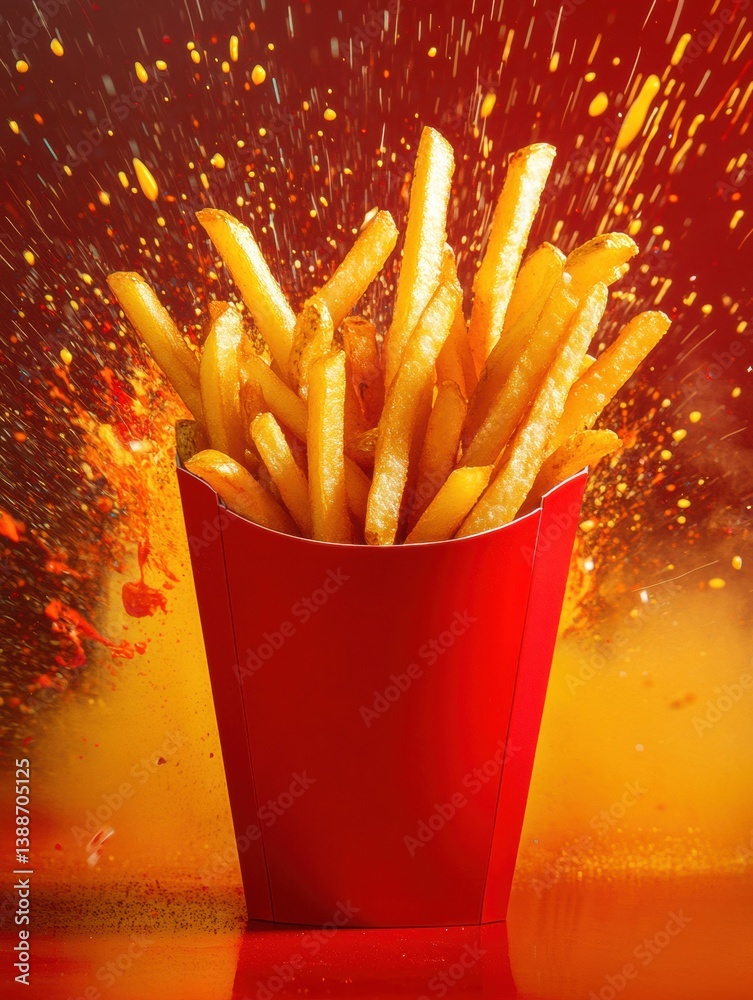 Poster golden crispy french fries bursting with color in a vibrant red container against a bright backgroun