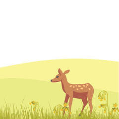 vector drawing spring landscape with green hills, deer, flowers and grass, hand drawn illustration