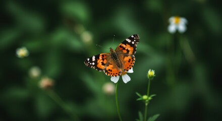 Painted Lady Butterfly on a Delicate White Flower in Lush Green Meadow