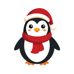 A cute Christmas penguin wearing a Santa Claus hat and scarf vector
