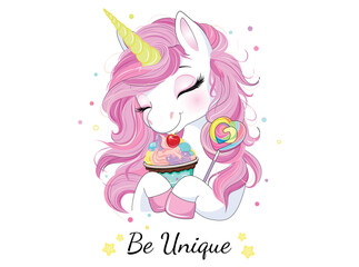 Vector illustration, beautiful decorative unicorn, sweets and cakes. Design for printing on shirt, poster, banner. Lovely print for t-shirt
