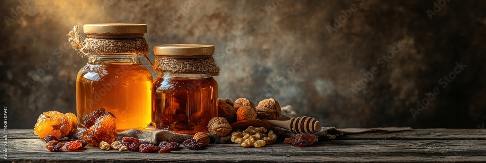 Poster still life of honey jars with nuts and dried fruits in warm sunlight creating a cozy atmosphere