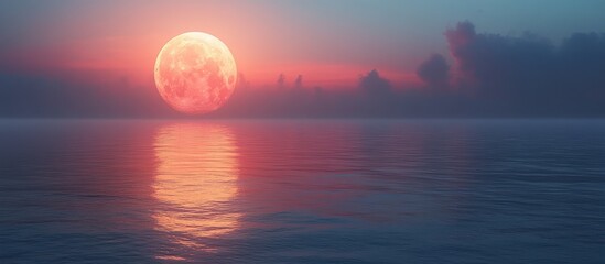 Fototapeta premium Pink Moon over Calm Ocean at Sunset