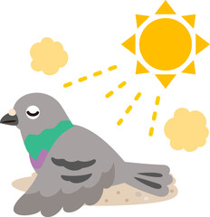 地面で羽を広げて日光浴するハト