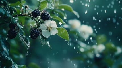 Fototapeta premium 23.A tranquil view of a blackberry orchard with blooming flowers and the appearance of unripe berries on a wet bush, droplets of water glistening on the leaves and berries, symbolizing the early