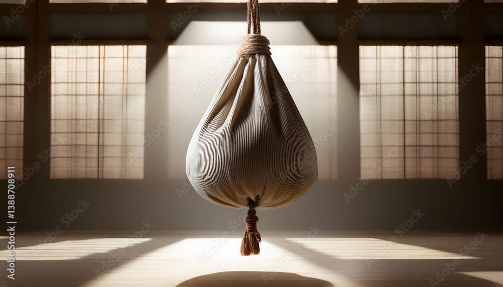 Aufkleber a suspended fabric bag hangs in a serene space, illuminated by natural light filtering through geome