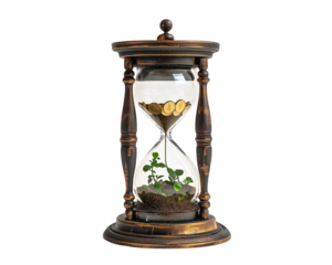 Vintage hourglass with coins and plant symbolizing time and investment