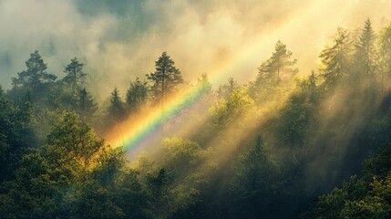 Fototapeta premium 78.A magical landscape where a rainbow cuts through the mist above a forest, with soft rays of sunlight breaking through the fog, capturing the serene beauty and rejuvenating power of nature