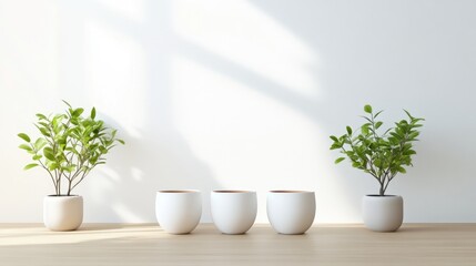 Three white pots sit on a light wood surface, flanked by small potted plants. The image features a minimalist composition against a bright white wall. Its a high-quality, well-lit photo with a calm,