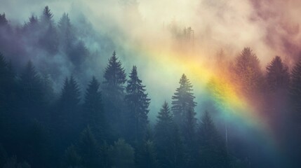 Obraz premium 90.A tranquil image of a forest covered in mist, with a rainbow emerging from the fog, creating a peaceful and harmonious scene that embodies the calming beauty of nature after a rain shower.