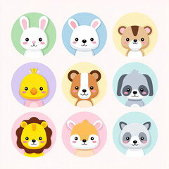 Fototapeta premium Cute baby animal icons in pastel colors with adorable expressions