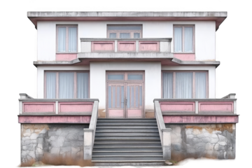 Isolated Photo Of Weathered White And Pink Building On Transparent Background