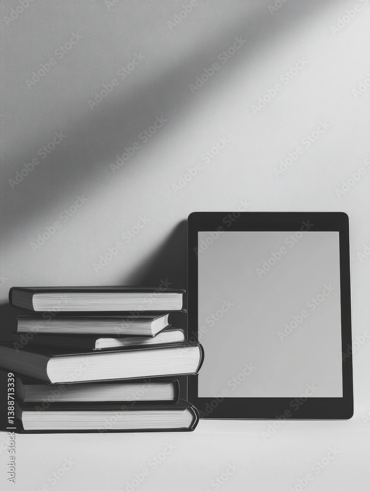 Leinwandbilder stylish monochrome education background featuring books and a digital tablet with a soft gradient de