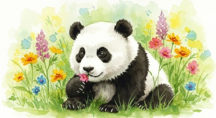 Watercolor Panda in Floral Meadow Illustration