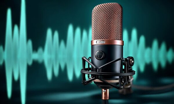 Elegant microphone with sound wave backdrop. Detailed brown and black body and intricate wiring add to the audio setup's charm