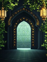 Fototapeta premium Entering Grand Arched Doorway with Ornate Details and Hanging Lanterns
