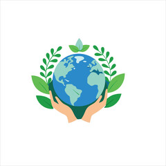 Fototapeta premium Earth globe held by hands surrounded by green leaves on a white background