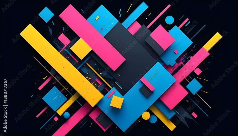 Poster a vibrant explosion of color and geometric shapes dancing across a dark canvas, creating a dynamic a