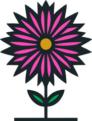 Pink Daisy Flower with Green leaves, This charming design features a vibrant pink daisy with elongated petals surrounding a bright yellow center. Below the flower, two green leaves add a fresh touch