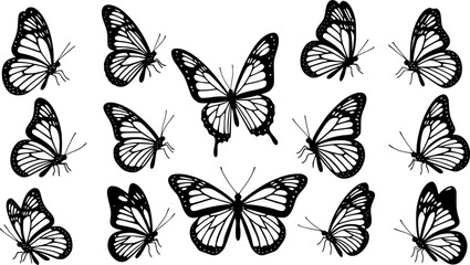 Set of contours of  monarch butterflies with different wings isolated on a white background. Vector silhouette of butterfly is perfect for patriot sticker, icon and decoration design