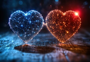 Fototapeta premium Two hearts are lit up with blue and red lights
