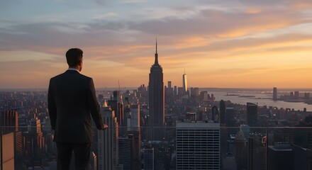 Fototapeta na wymiar A businessman looks out over the city skyline at sunset. Man silhouette facing New York City, people reaching goals, having a vision, never give up concept 