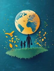 Fototapeta premium Family on Earth Illustration with Father, Children, Globe and Flying Bird