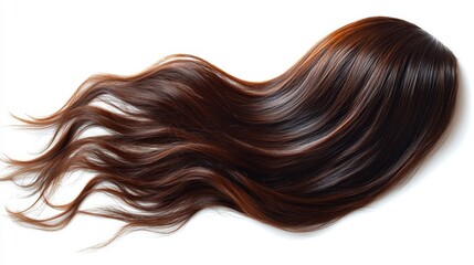 Fototapeta premium Flowing brown hair with subtle highlights, shiny and wavy on a white surface