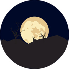 Fun Halloween Spooky Night Scene with full moon and deer on horizontal black background.