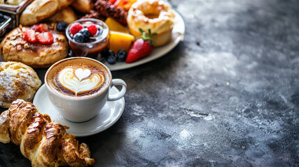 Gourmet breakfast spread featuring coffee, pastries, fruits, and desserts, creating delightful morning experience