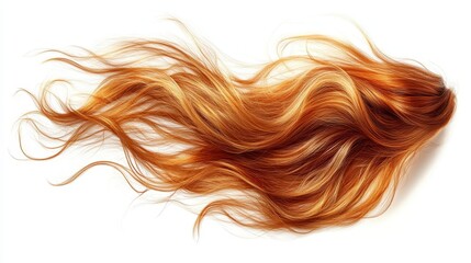 Flowing auburn hair with sunlit highlights isolated against white