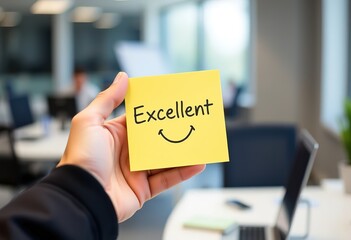 Hand holds sticky note with words "Excellent" and smiley face on blurred office background. Concept of positivity, encouragement, motivation, support and inspiration. Great job, wide background