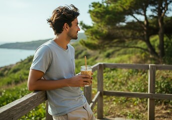 Man Relaxing with Iced Coffee Drink on Scenic Overlook Deck