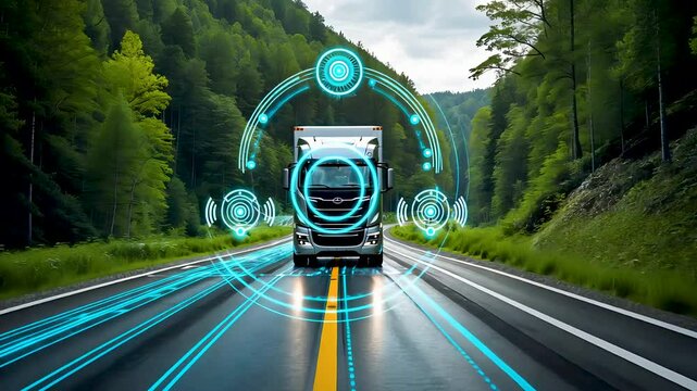 Smart autonomous truck with digital tech HUD driving on forest highway road