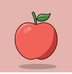 Juicy Red Apple with Leaf Cartoon Vector Drawing