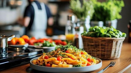 Obraz premium Fresh Pasta Plate in a Culinary Scene: A beautifully arranged plate of pasta adorned with fresh ingredients is captured in a professional kitchen setting.