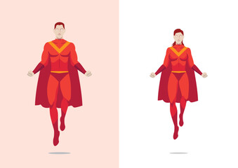 superhero couple male and female in red costume and robe floating show strength template to be customized