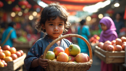 Fototapeta premium Child with Fruits in Market – Support and Generosity